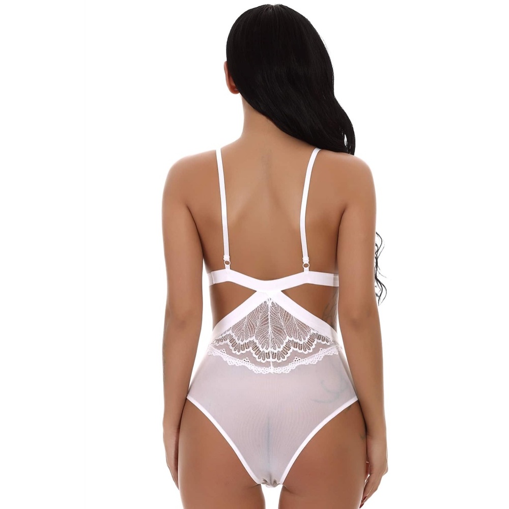 Sexy White Cut Out Mesh Lace Bodysuit - Picture 5 of 9